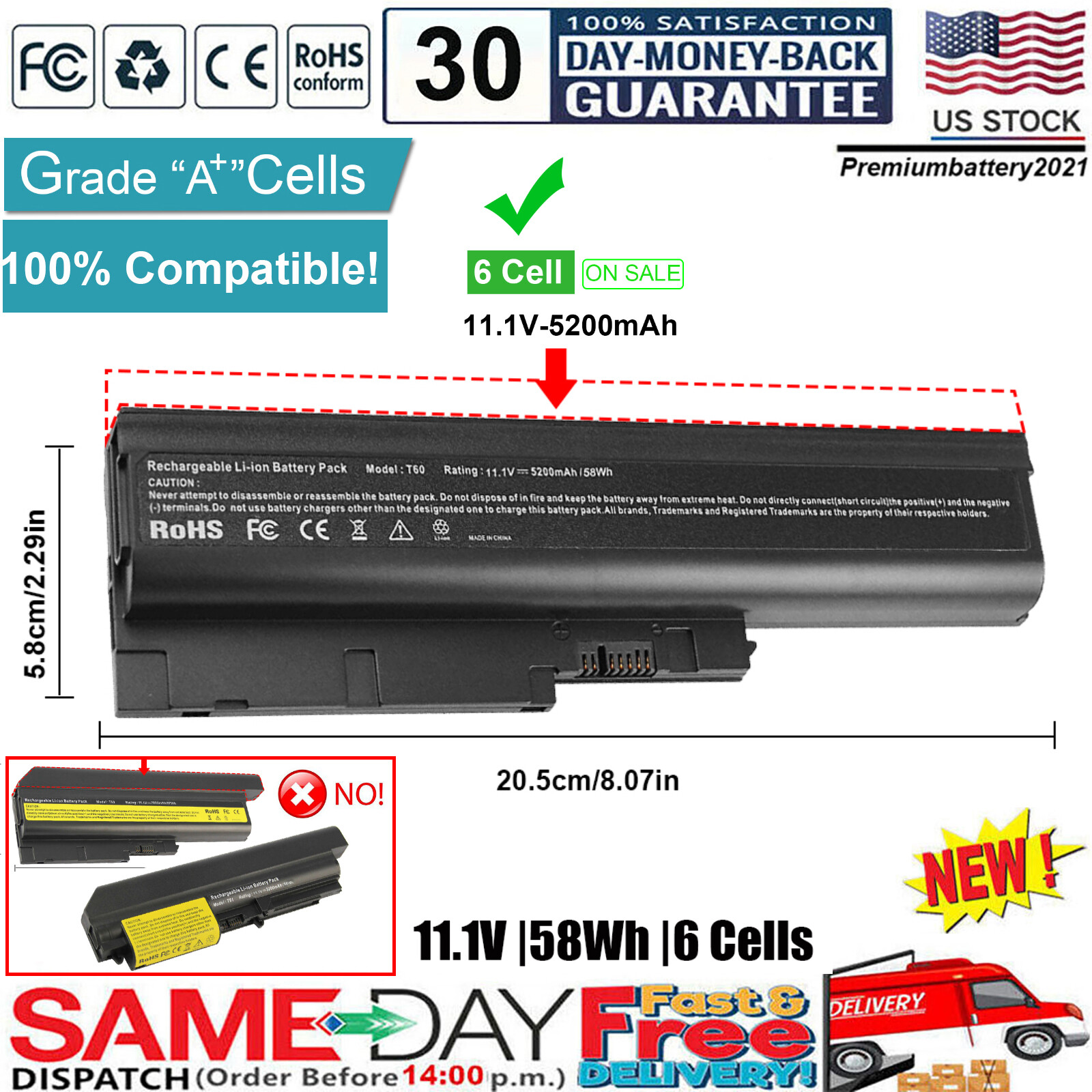 6 Cell 5200mAH Battery for IBM Lenovo Thinkpad T60p T61p R60e Z60m Z61 Z61e Z61M