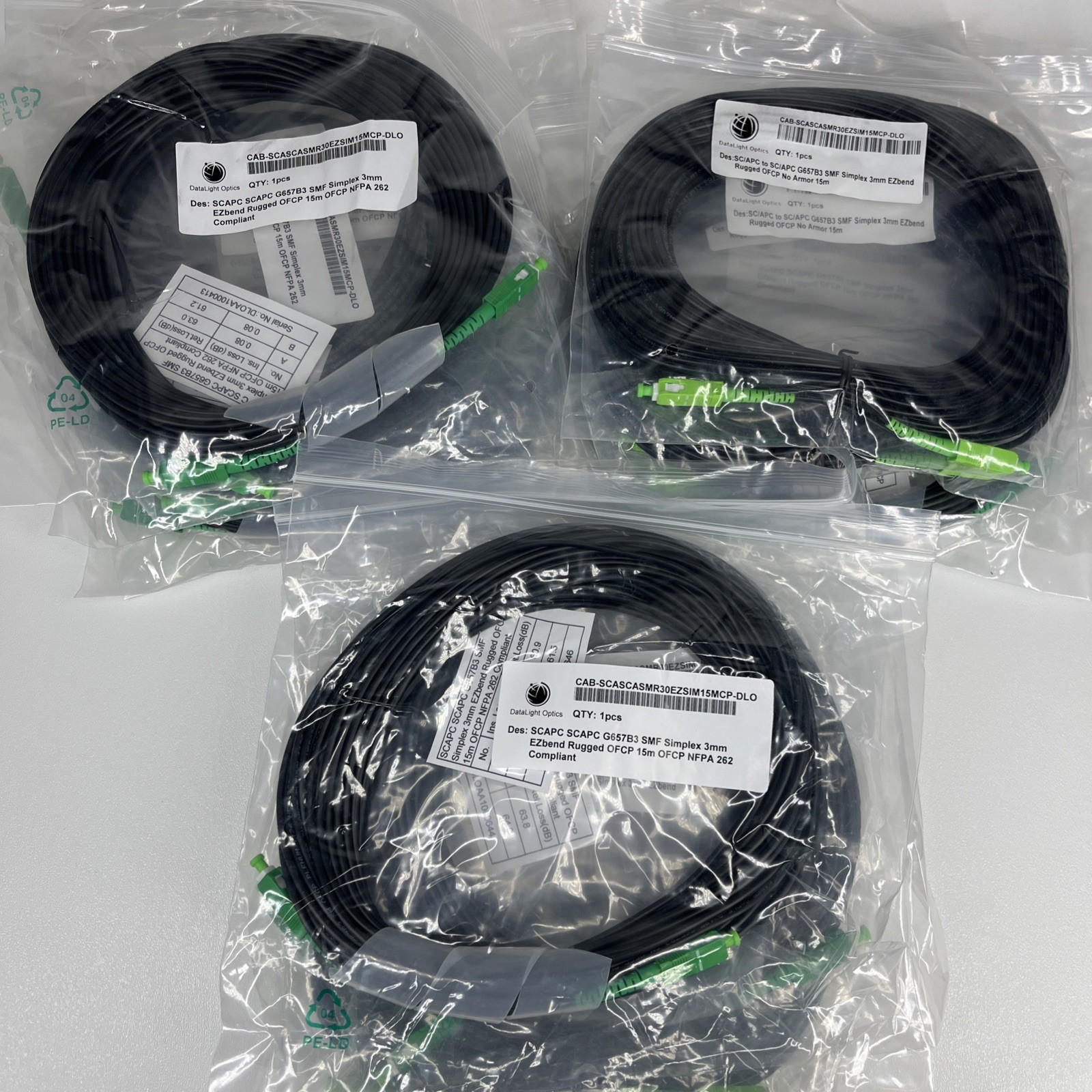Lof of 15 DataLight Optics 15m SC/APC to SC/APC SMF Simplex Rugged Fiber Cable