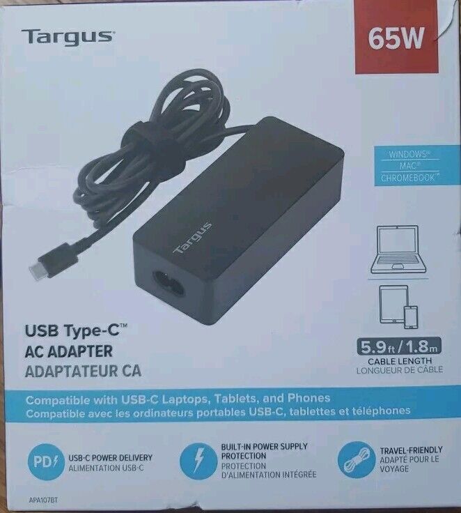 Targus 65W USB-C Laptop Charger 5.9 ft. in Black