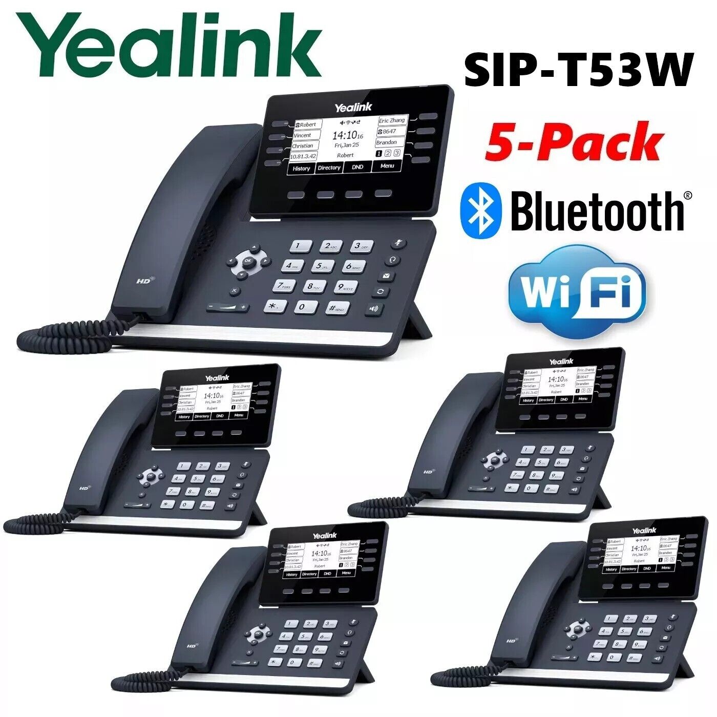 5 Pack Lot Yealink SIP-T53W Prime Business Phone T53W Entry Level Bluetooth WiFi