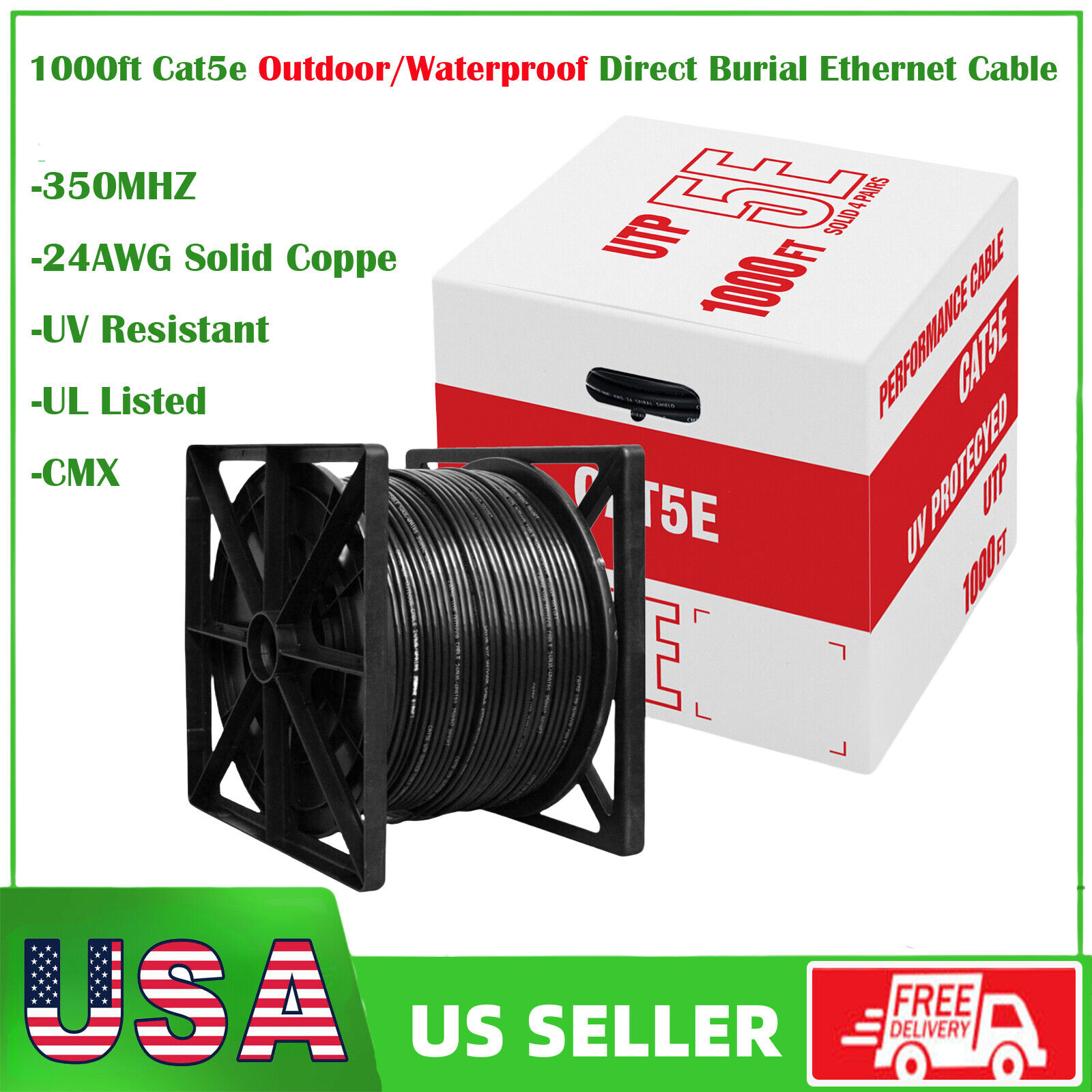 1000ft Cat5e Outdoor Direct Burial Ethernet Cable 24AWG Solid Coppe UTP UV Rated