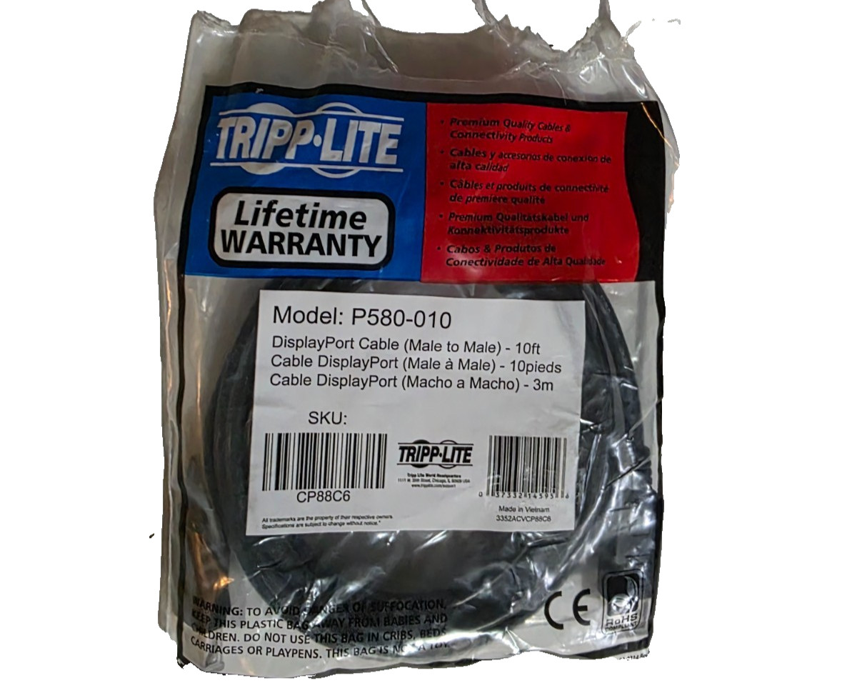 Tripp Lite Displayport to Displayport Cable 4k with Latches 10 Ft Black P580-010
