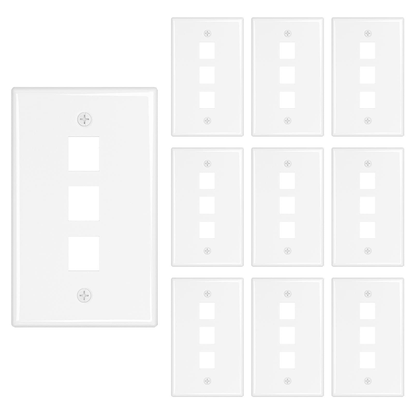 Iwillink 3 Port Keystone Jack Wall Plate 10-Pack, Low Profile Ethernet Wall Plat