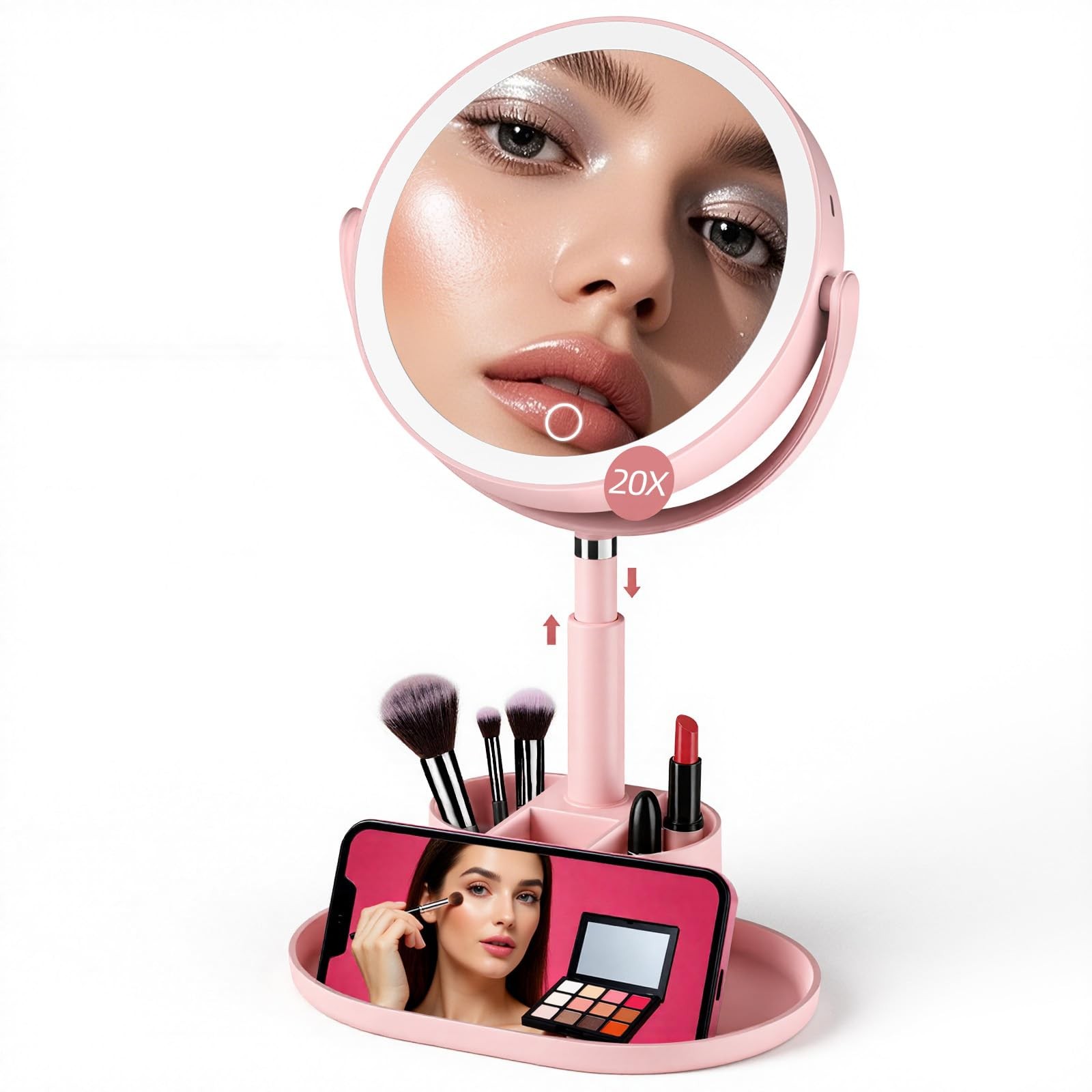 Shinowa Makeup Mirror with Lights, 1X/20X Lighted Magnifying Mirror with Storage