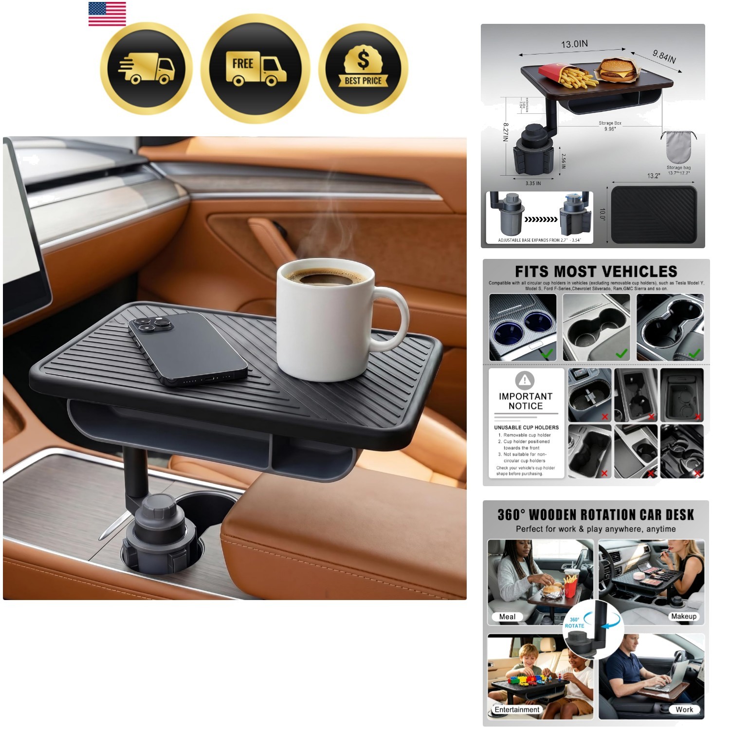 Car Desk for Laptop, Rotating Car Table Tray for Cup Holder