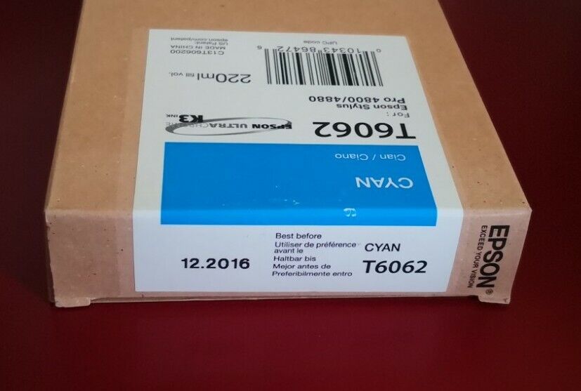 12-2016 NEW IN BOX GENUINE EPSON T6062 CYAN 220ml K3 INK STYLUS PRO 4800 4880