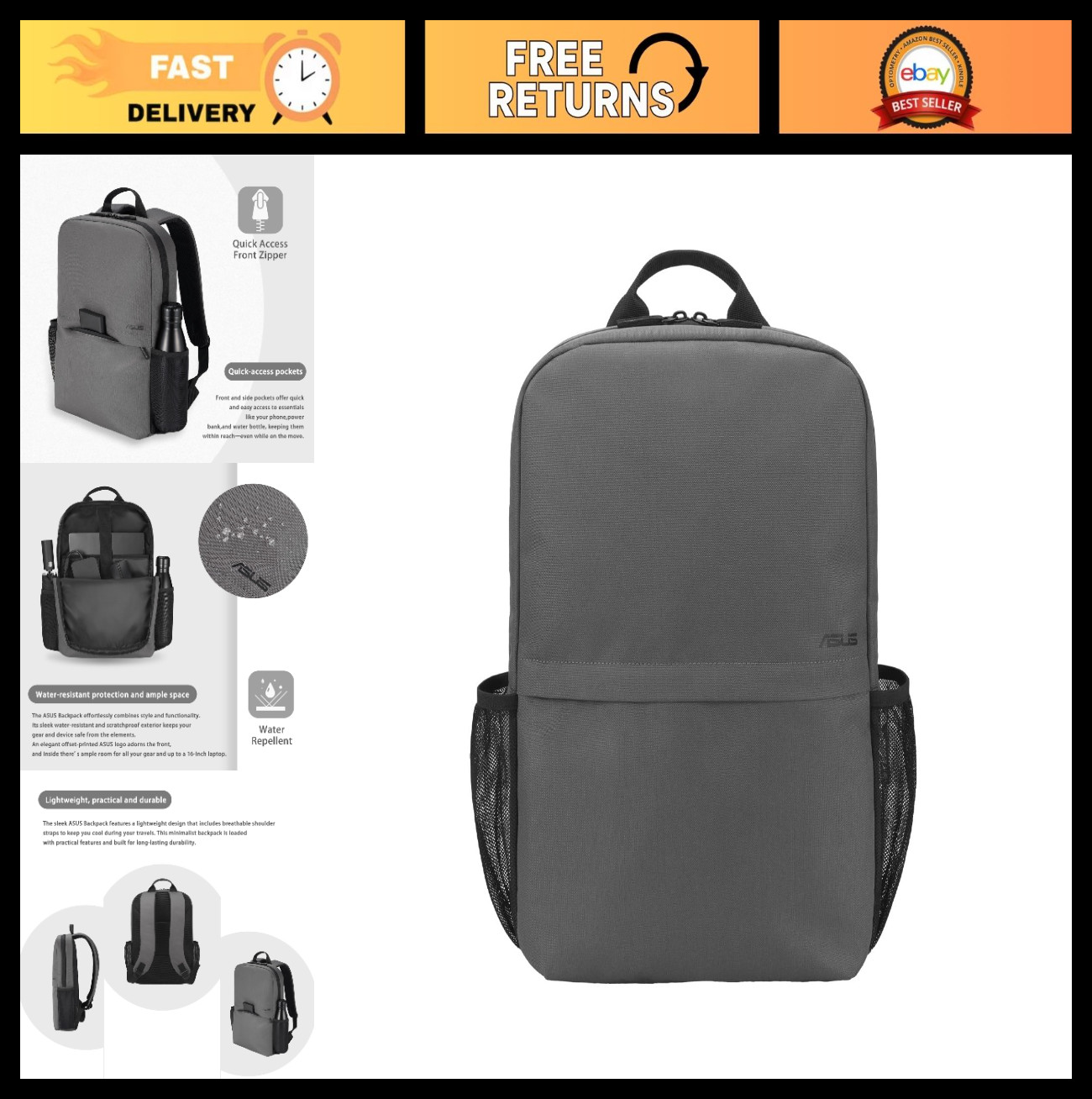 16" Lightweight Water-Repellent Laptop Backpack, Premium Design, Black/Dark Grey