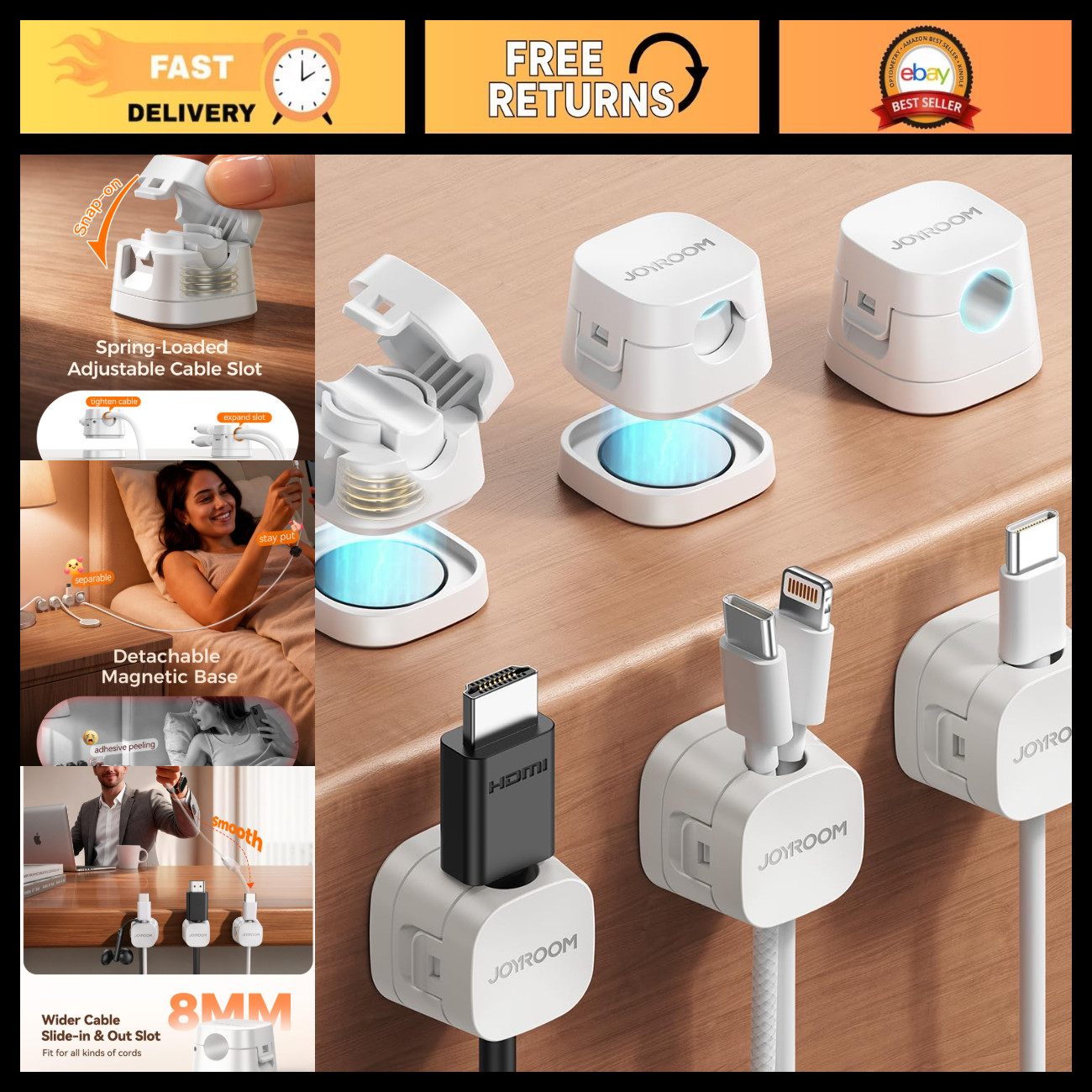 6-Pack Detachable Magnetic Cable Organizer Clips, Adhesive Cord Management Solut