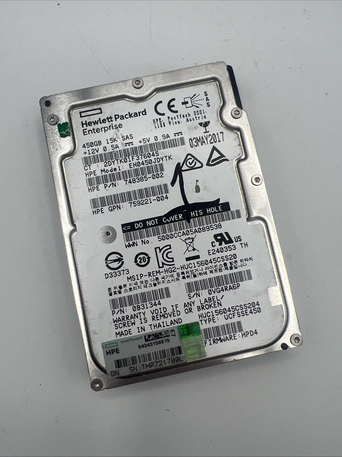HPE EH0450JDYTK 450GB 2.5" 12Gb/s 15K RPM SAS HDD P/N: 748385-002