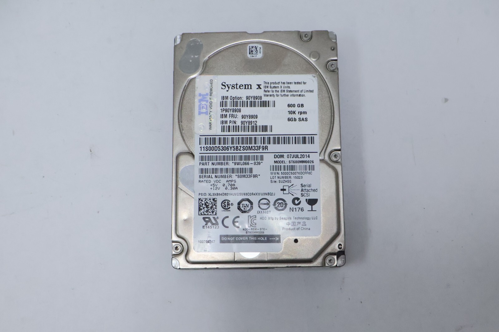 IBM System X 600GB 10K RPM 6Gb/s SAS Hard Drive 90Y8908 9WL066-039
