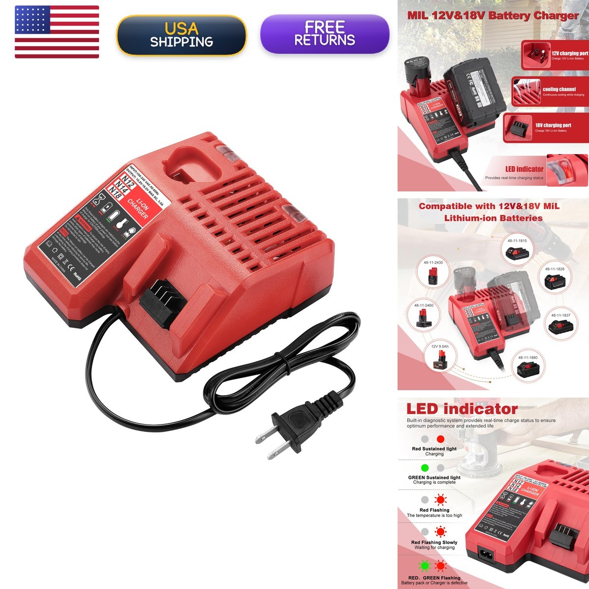 BECDXPal 18V Battery Charger Replacement Mil-Waukee 48-11-1815 48-11-1820