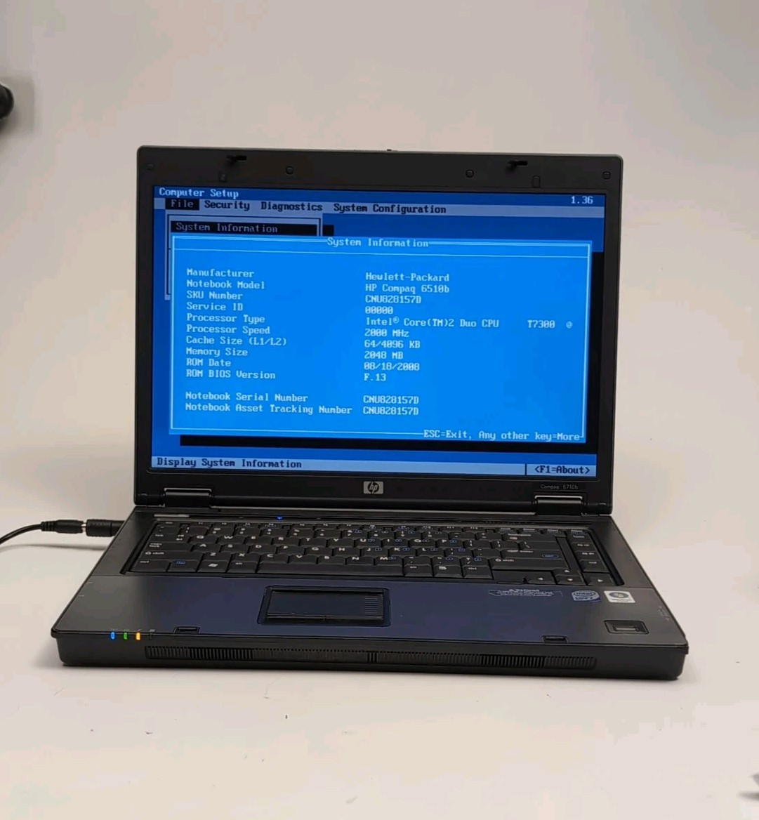 HP Compaq 6510b  Intel Core 2 Duo 1.80 GHz 2GB RAM No HDD Boot to BIOS