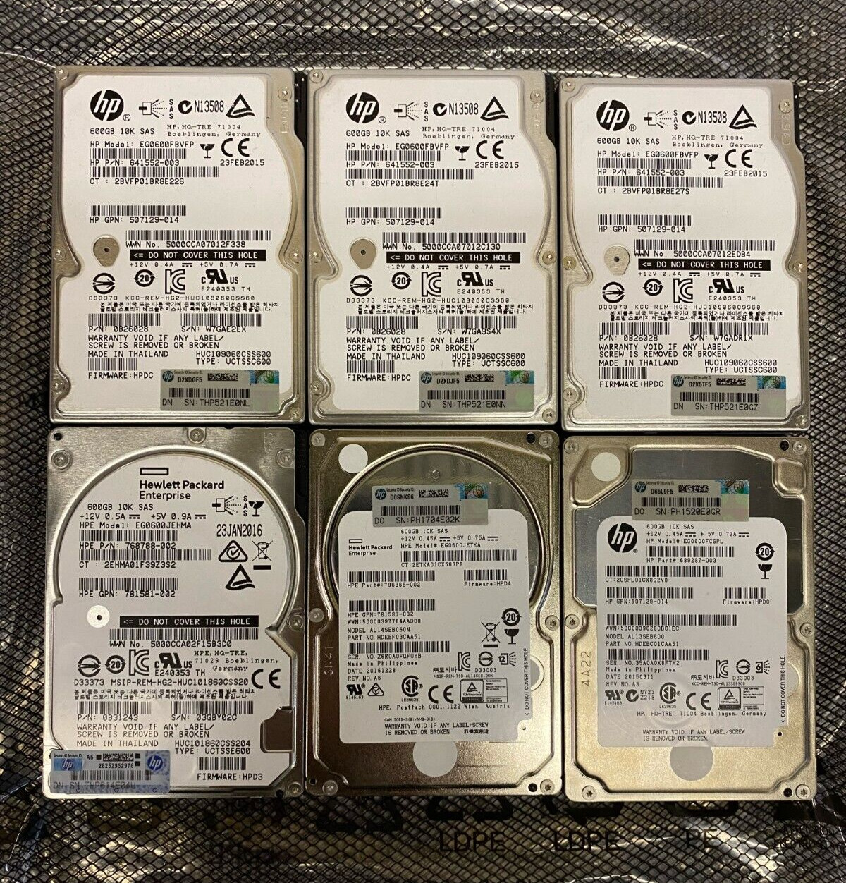 Used Lot of 6 HP Mixed Model 600 GB SAS 2.5 in 10K RPM Hard Drives HDD
