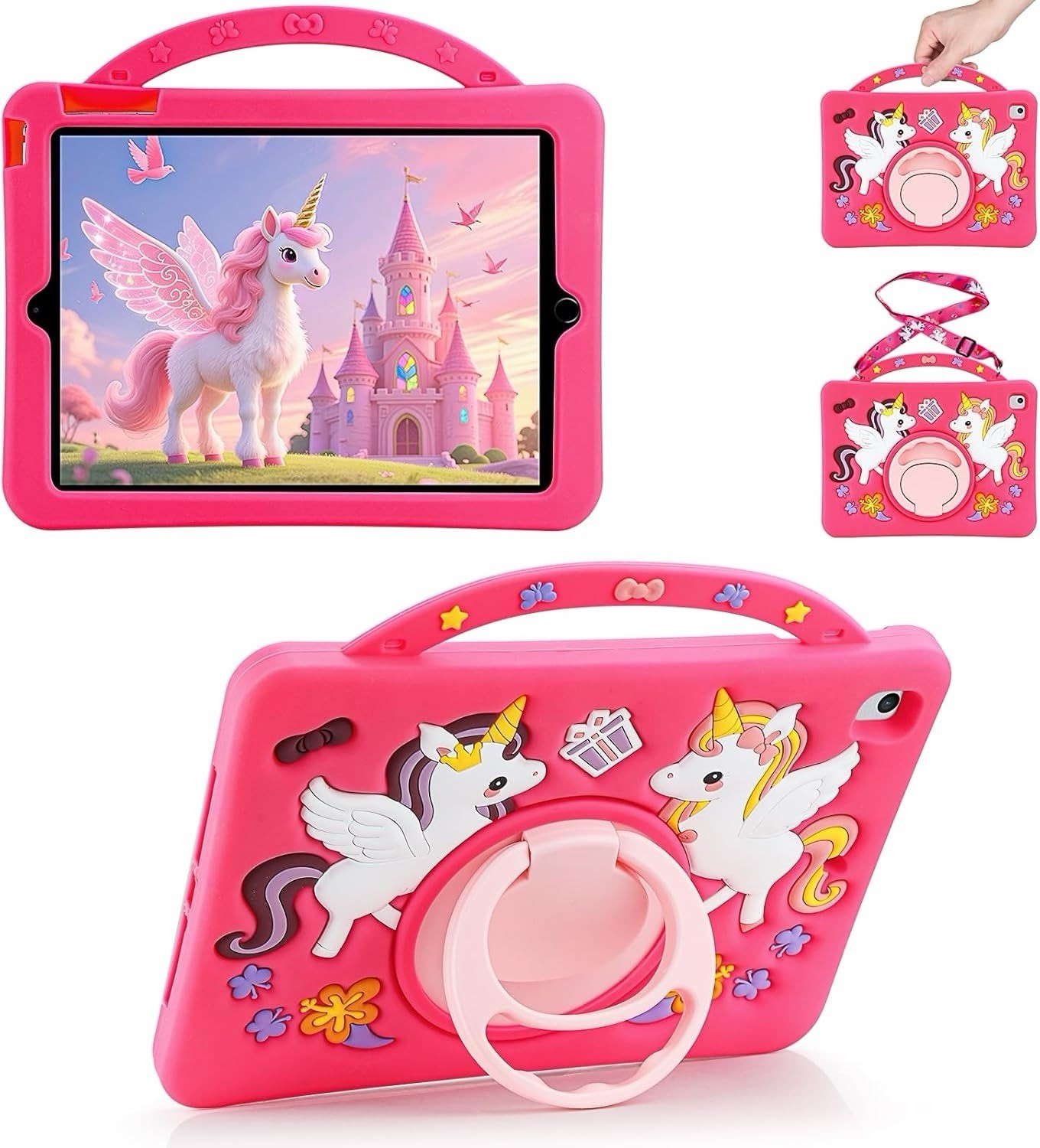 Kids Unicorn Case for iPad 5th 6th Gen Air 1 2 Pro 9.7 Silicone Stand Strap Pink