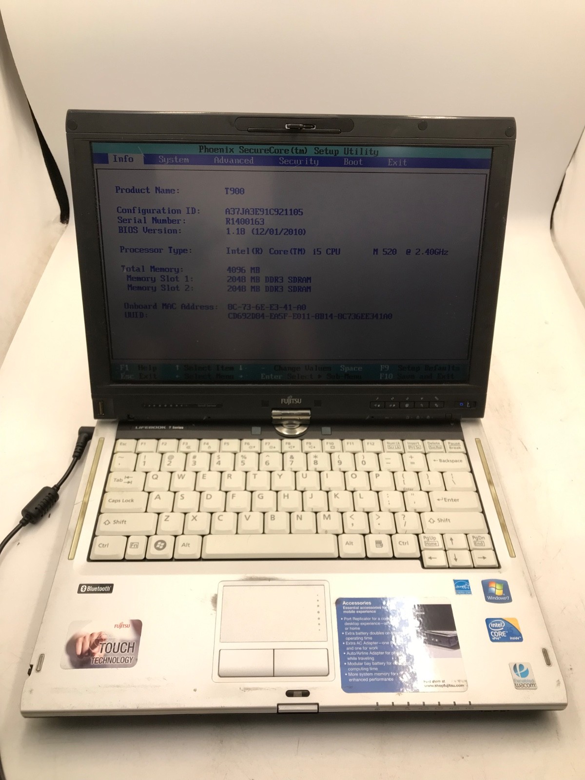 Fujitsu LifeBook T900 Intel Core i5-520M 13.3" Tablet 4Gb RAM-BOOTS TO BIOS  -MZ