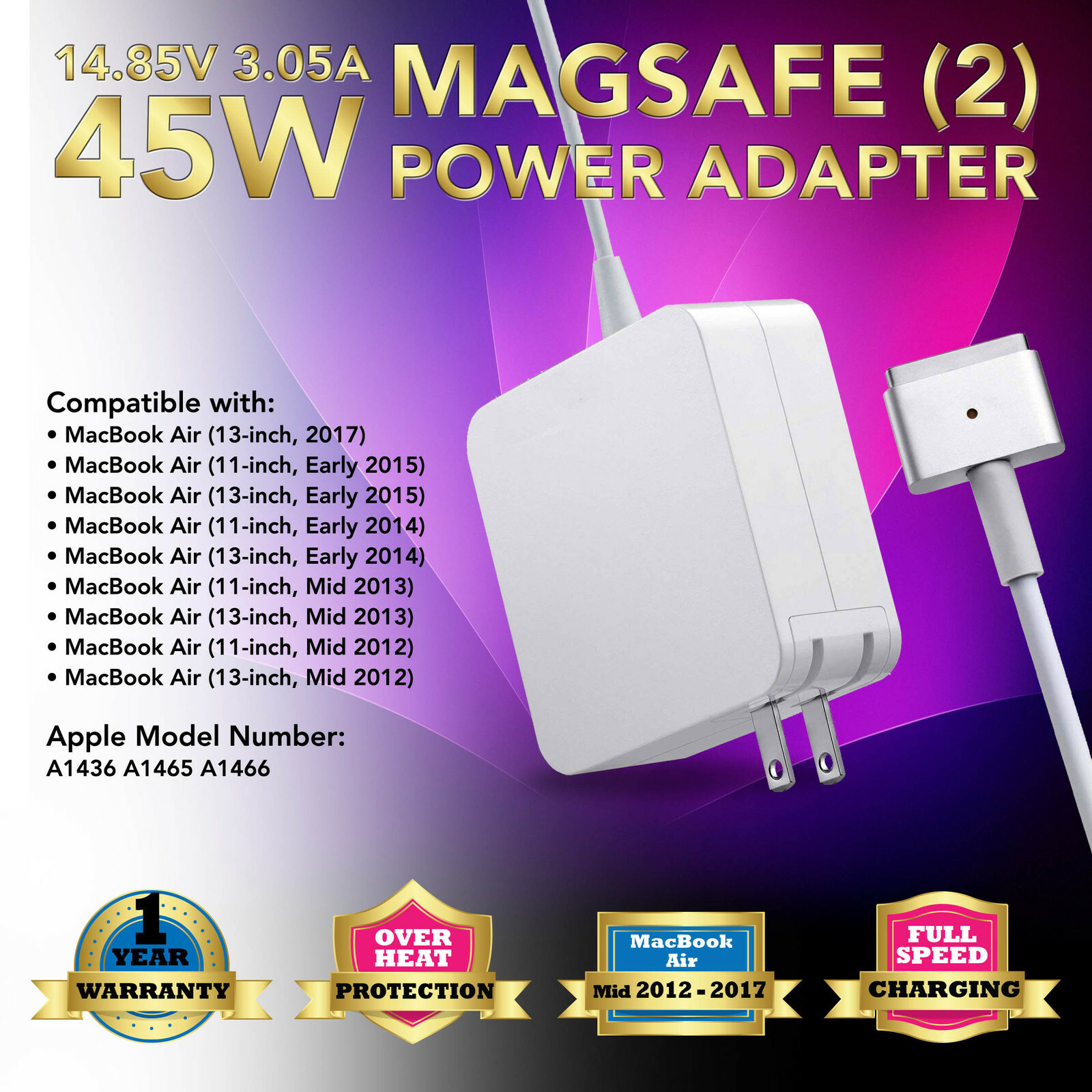 45W 14.85V Charger Adapter Power for Apple Macbook Air 11" 13" A1466 A1465,T-Tip