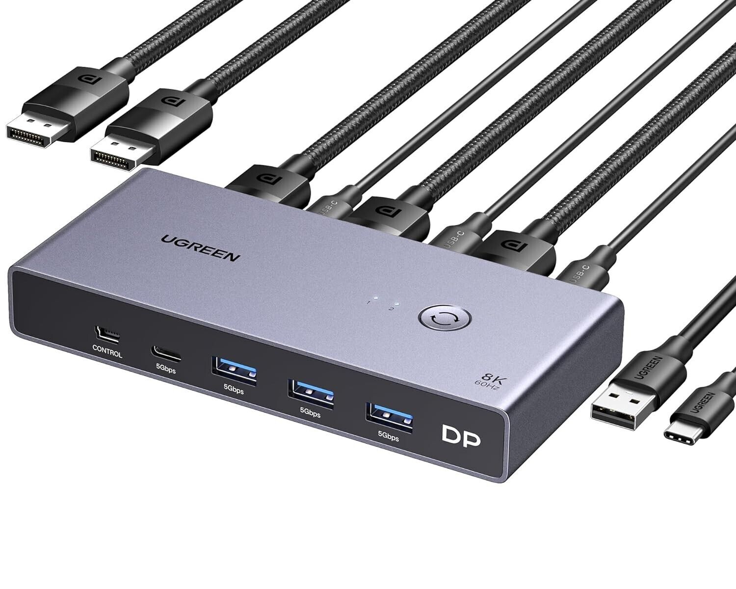 UGREEN 8K Displayport KVM Switch DP 1.4 with 4 USB 3.0 Ports (3 USB-A + 1 USB-C)