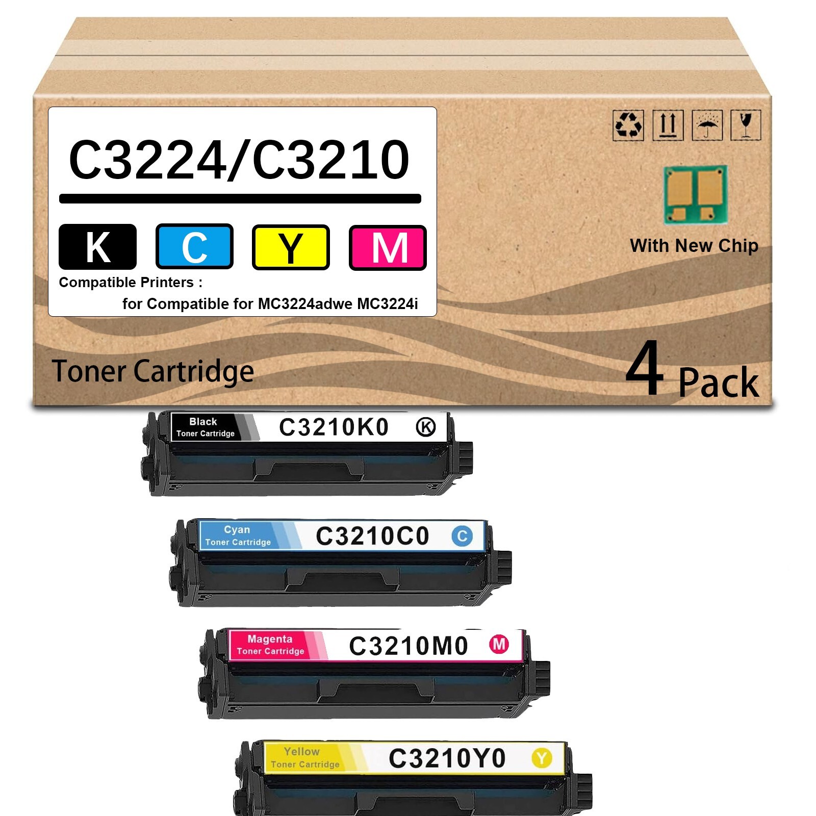 4Pack C3224 C3210 Toner Cartridge Replacement C3210K0 C3210Y0 C3210C0（WIth Chip）