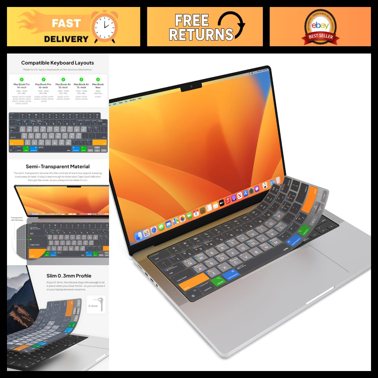 MacBook Pro/Air Keyboard Cover - MacOS Shortcut Guide, Ultra-Thin, Durable Prote