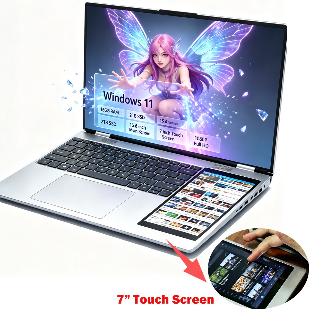 Dual Screen Laptop15.6" Main+7" Second Touch Intel N150 16GB Face ID Windows 11