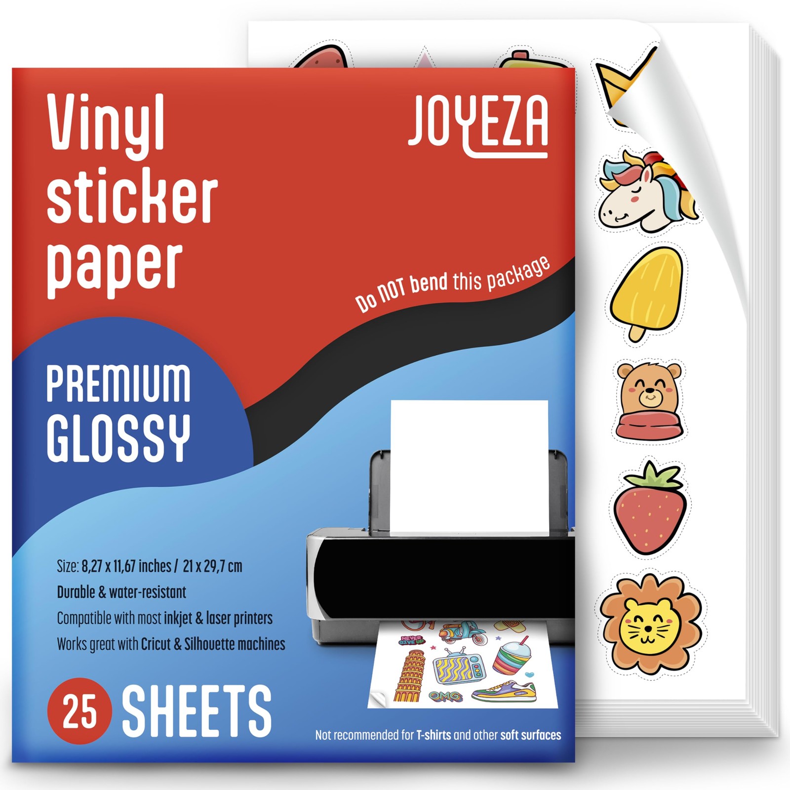 JOYEZA Premium Printable Vinyl Sticker Paper for Inkjet Printer - 25 Sheets Glos