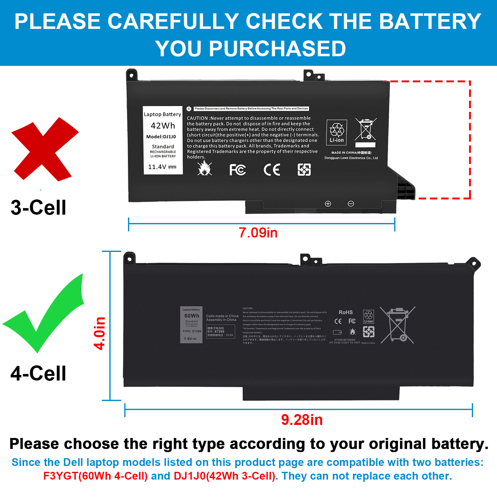 LOT F3YGT 2X39G Battery For Dell Latitude 12 13 14 7000 7280 7480 7490 DM3WC NEW