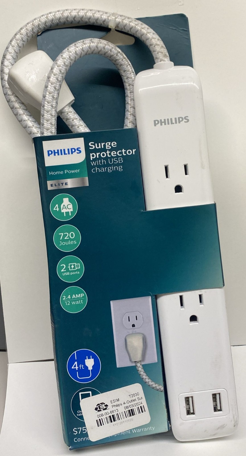 PHILLIPS Surge Protector 4 Outlet 2 USB Power Strip 4ft