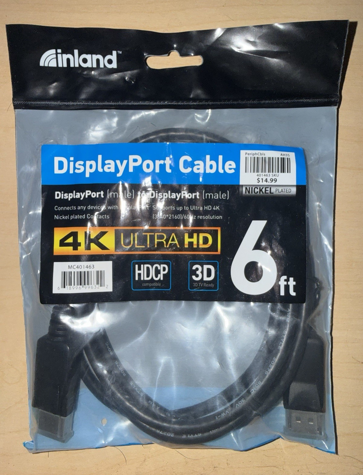 Inland DisplayPort Cable 6 ft 4K Ultra HD DP Male to DP Male Black MC401463