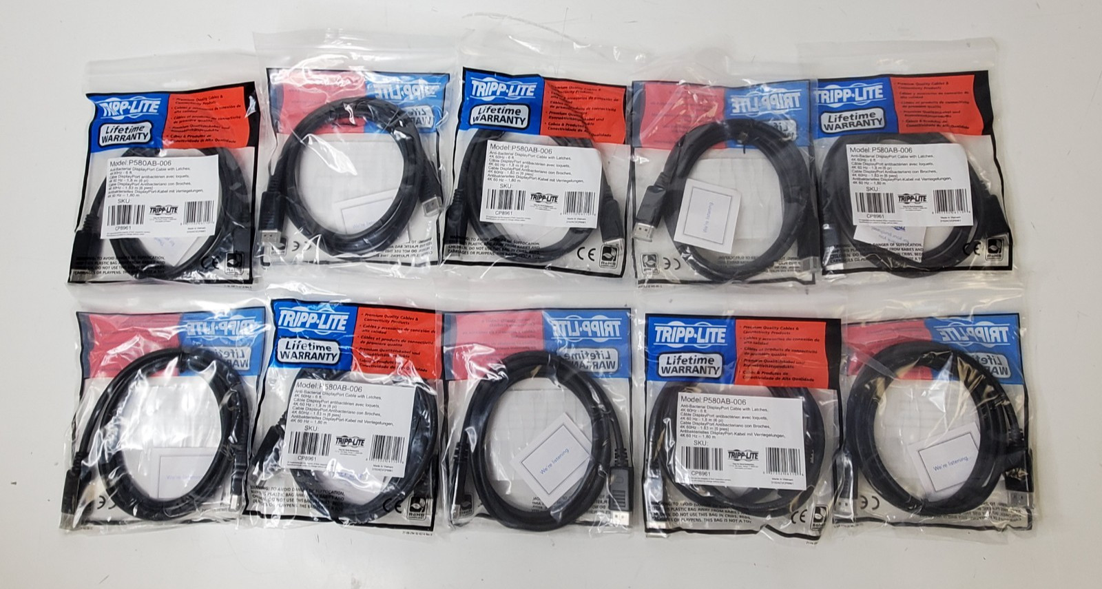 10x New TRIPP LITE Anti-Bacterial DisplayPort 6ft Cable w/ Latches (P580AB-006)