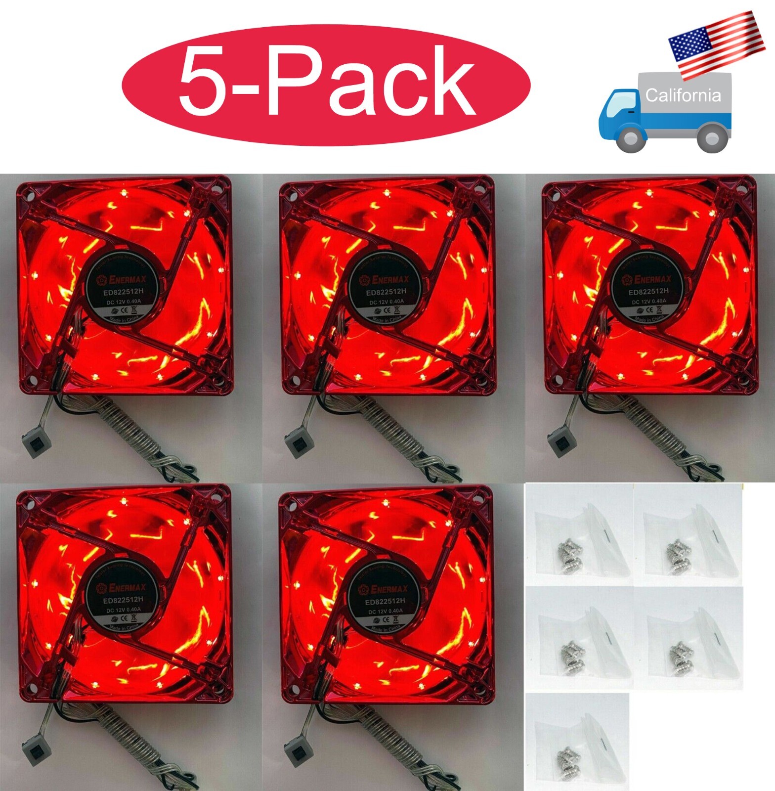 Wholesale 5-Pack: NEW 80mm RED LED Cooling Fan Array Kit for Open Mining/Gaming