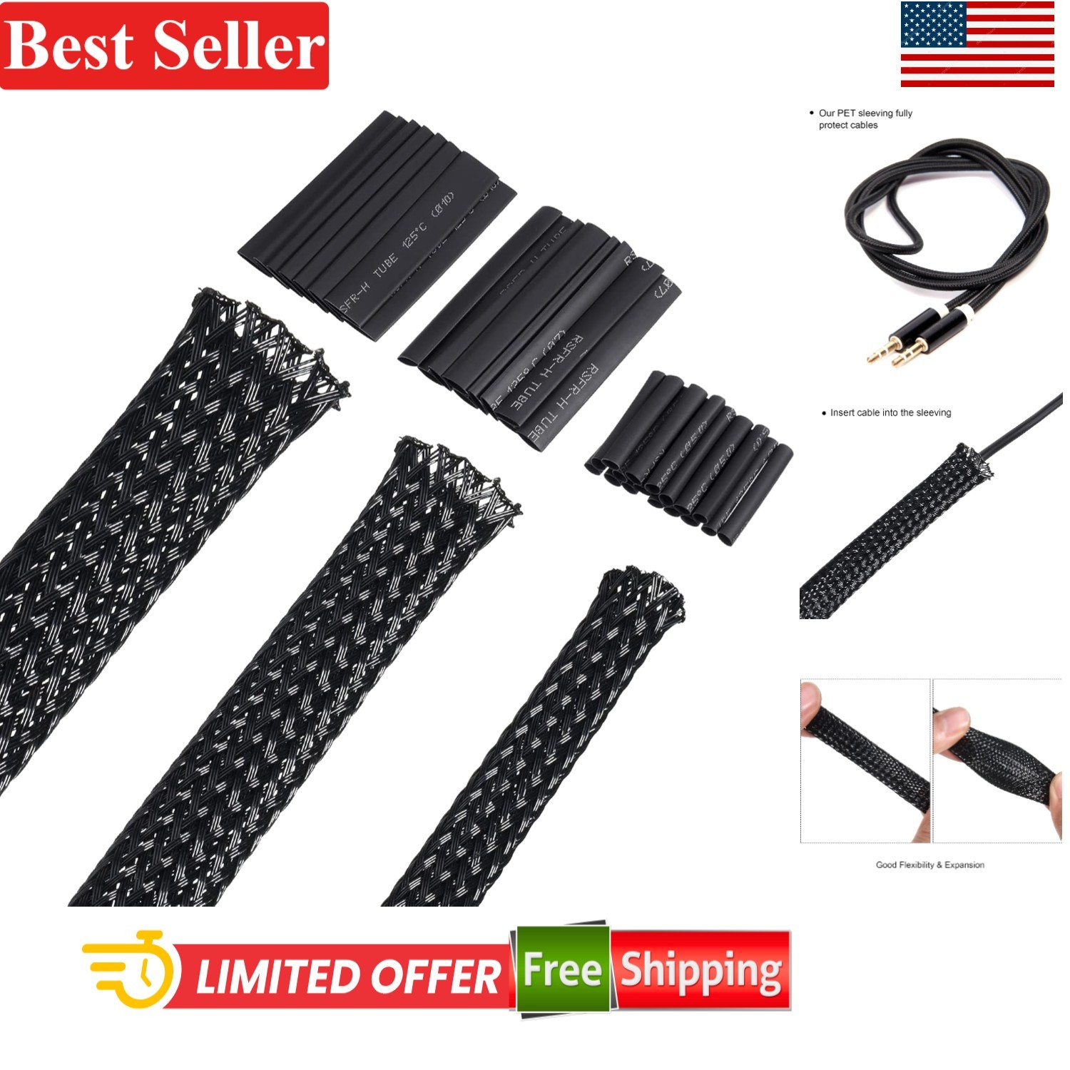 50ft PET Expandable Braided Cable Sleeve Kit for Wires Black 3 Rolls