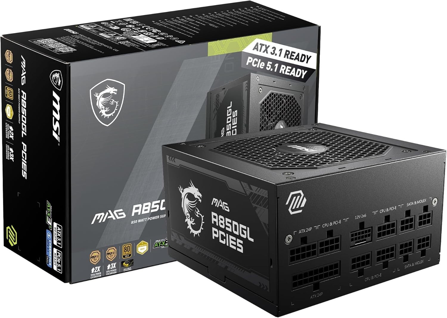 MSI MAG 850W 80 PLUS GOLD ATX 3.1 PCIE 5.0 READY 12VHPWR MPG-A850GL- BLACK