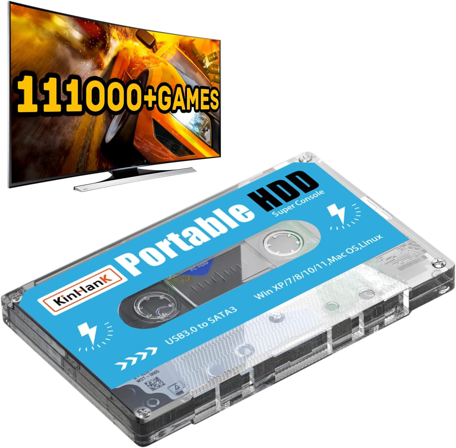 Kinhank 500G Portable External Game Hard Drive Disk, Built-In 111000+ Games, Bat