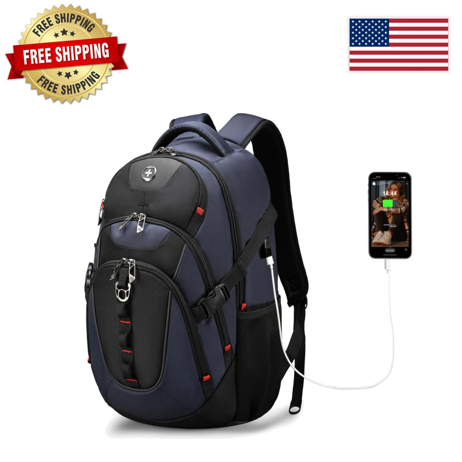 Modern 31L USB Charging College Backpack with Adjustable Straps, Blue/Black