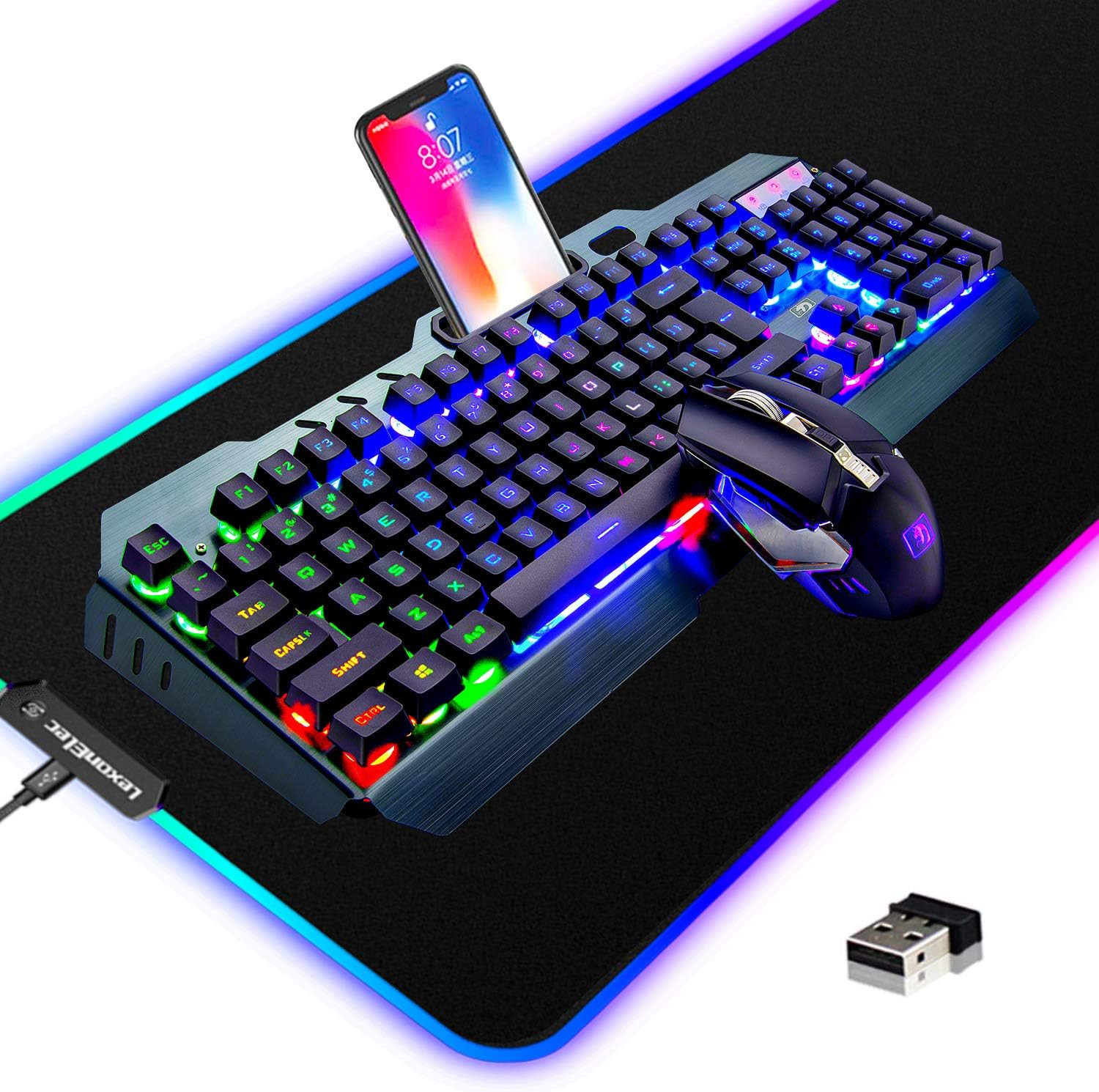 Wireless Gaming Keyboard and Mouse Combo,3 in 1 Rainbow LED Rechargeable Keyboar