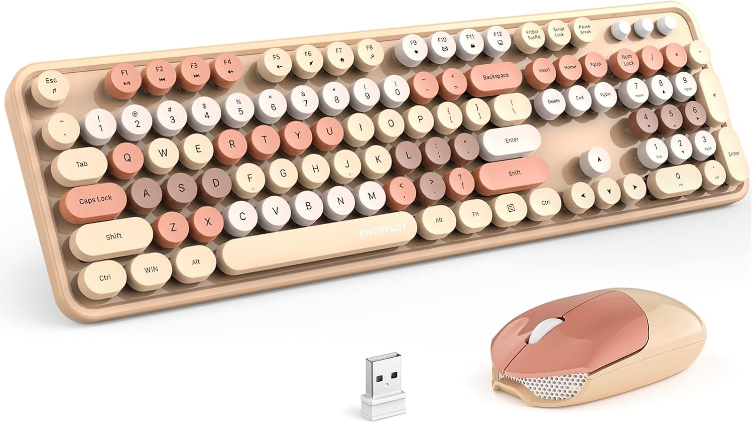 Wireless Keyboard Mouse Combo 104 Keys Round Keycaps 2.4G USB Milktea Color