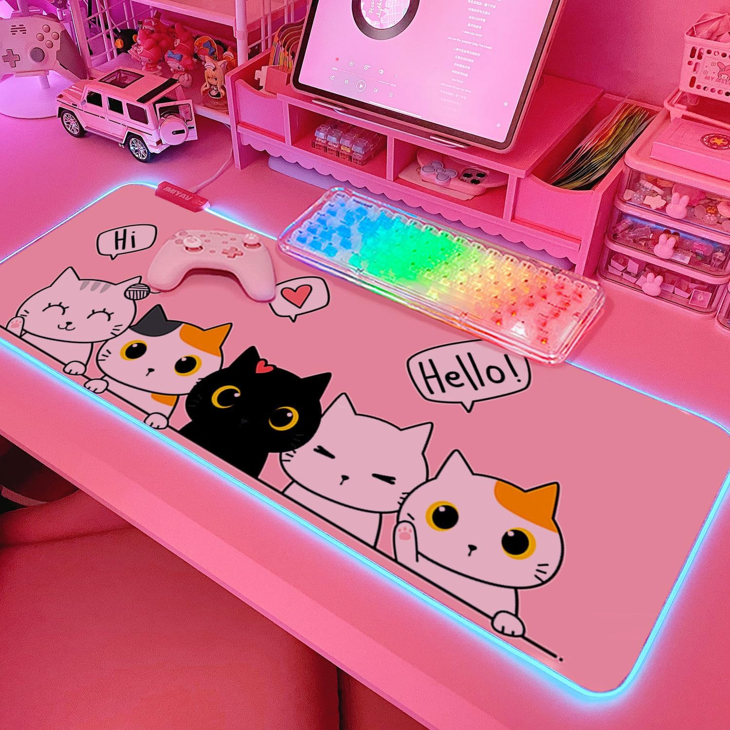 Pink Kawaii Cat RGB Gaming Mouse Pad 31.5X12 Inch PC XL Large Extended Glowing L