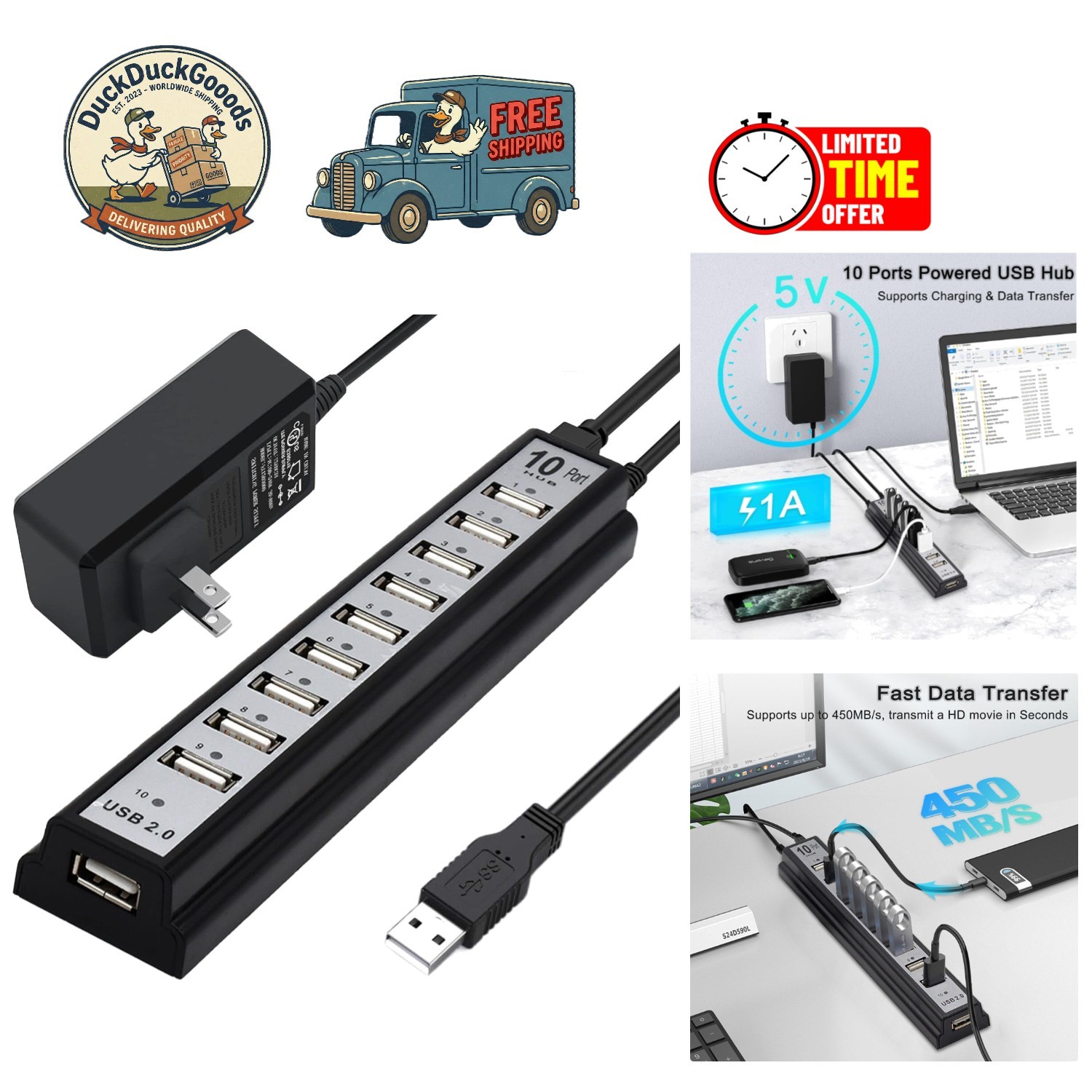 High-Speed USB Hub 2.0, 10-Port Splitter with Power Adaptor - Ideal for Laptops