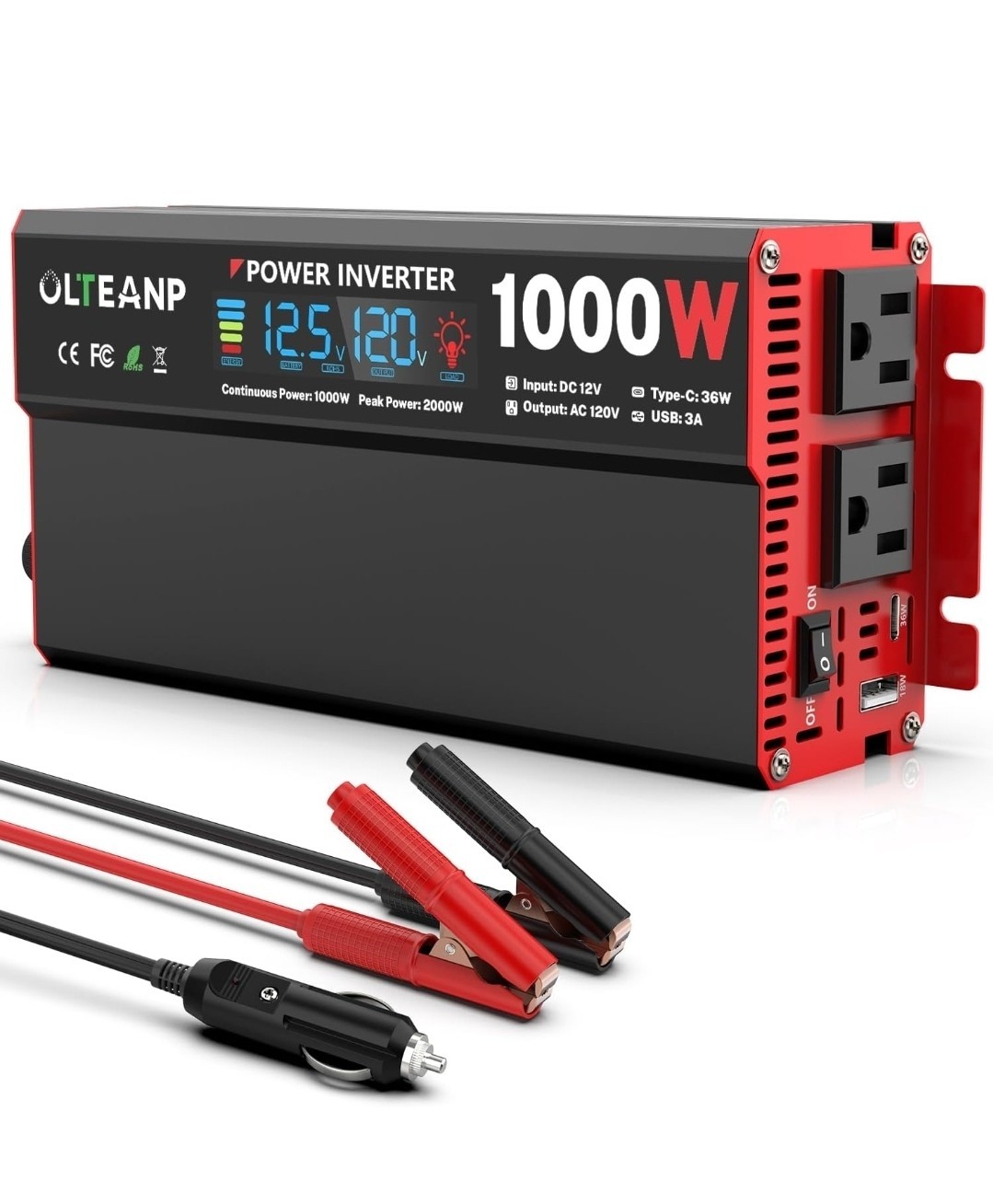 Olteanp 1000 Watt Power Inverter 12V Dc To 110V/120V Ac Car Inverter Lcd Screen