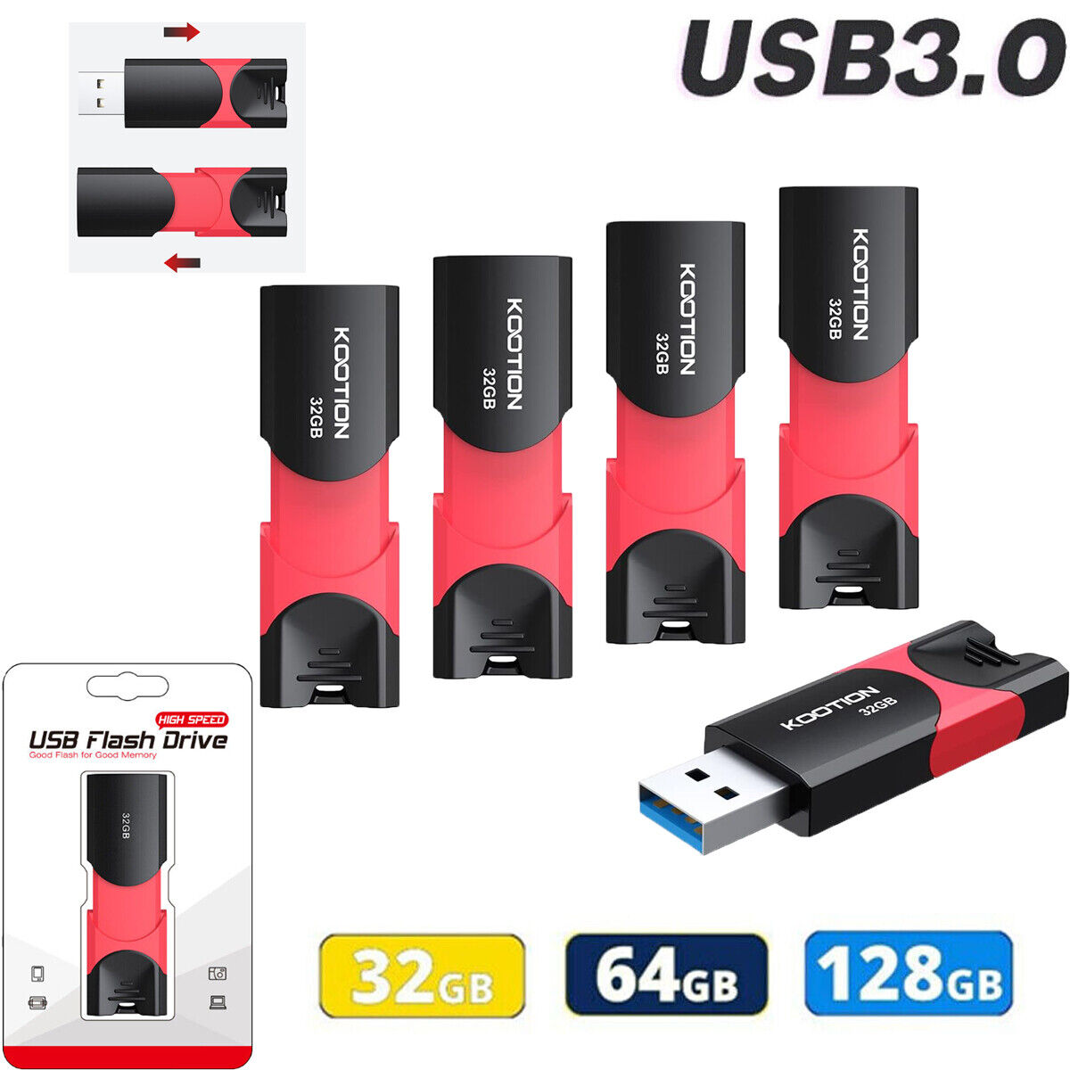 USB 3.0 Flash Drive Retractable USB Drive 32G 64G 128G Thumb Memory Stick Lot