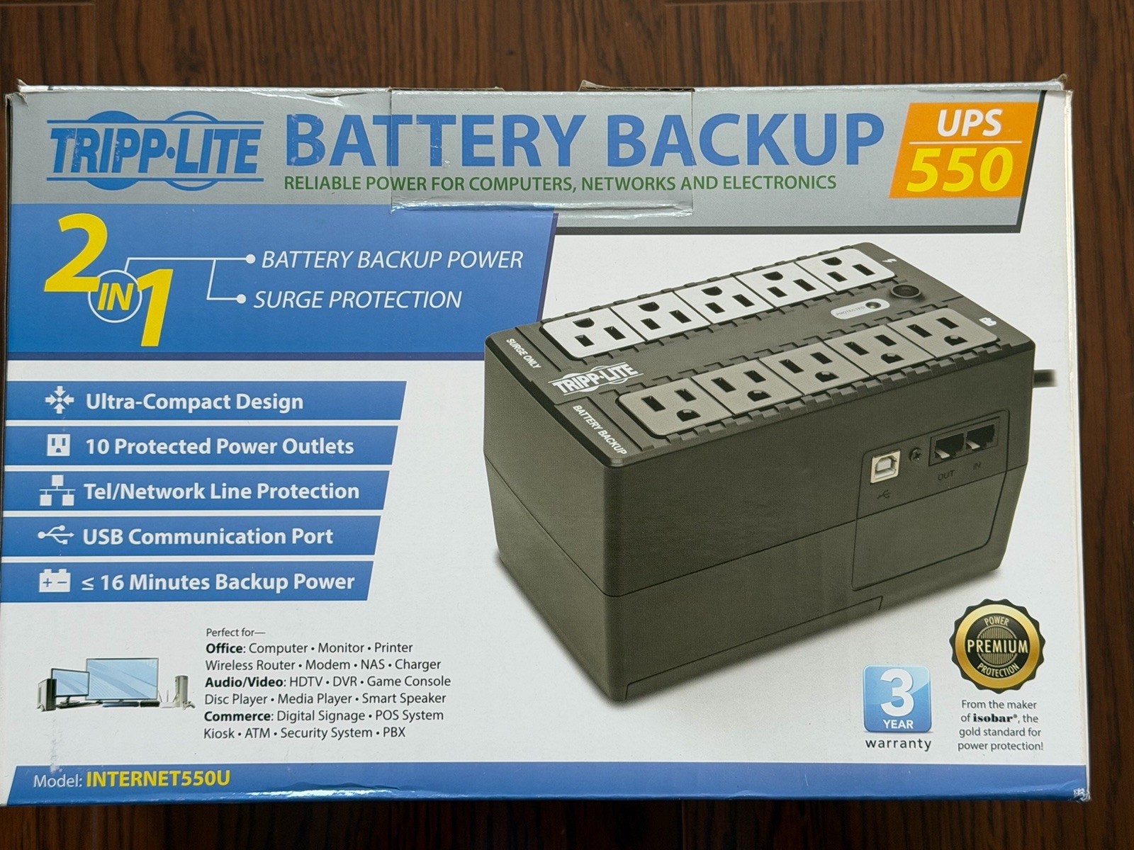 Tripp Lite INTERNET 550U UPS 550VA 300W Battery Back Up 120V USB