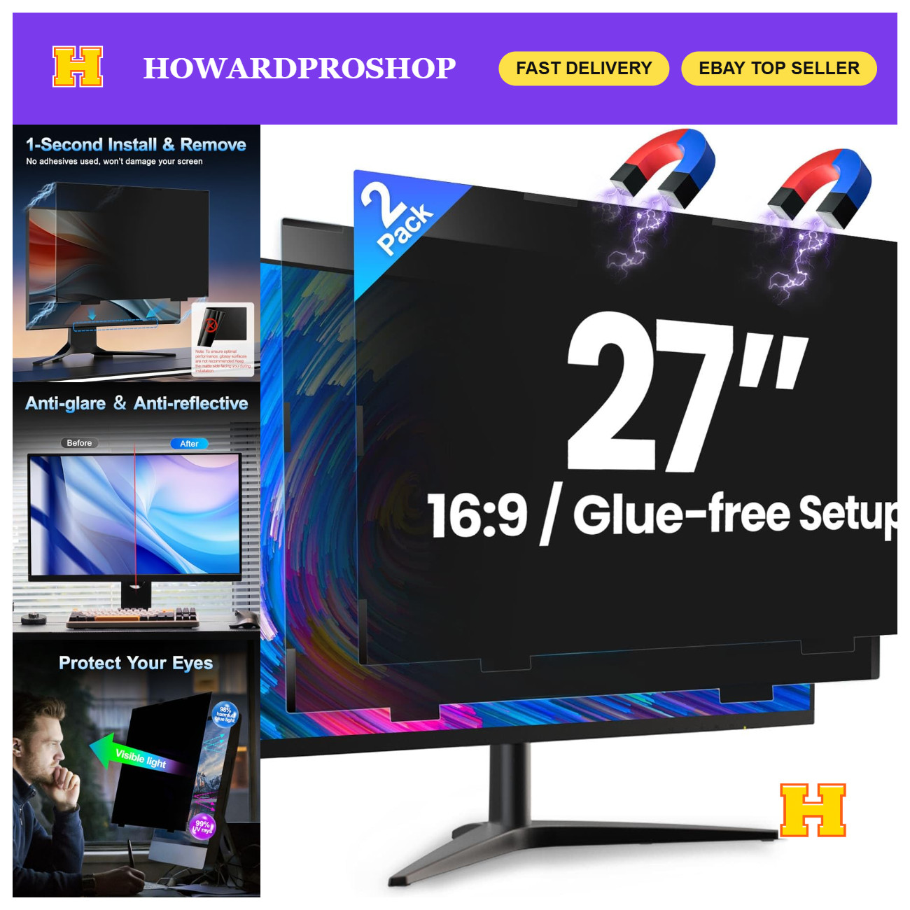 2 Pack 27" Magnetic Privacy Screen for 16:9 Monitors, Anti-Blue Light & Glare Sh