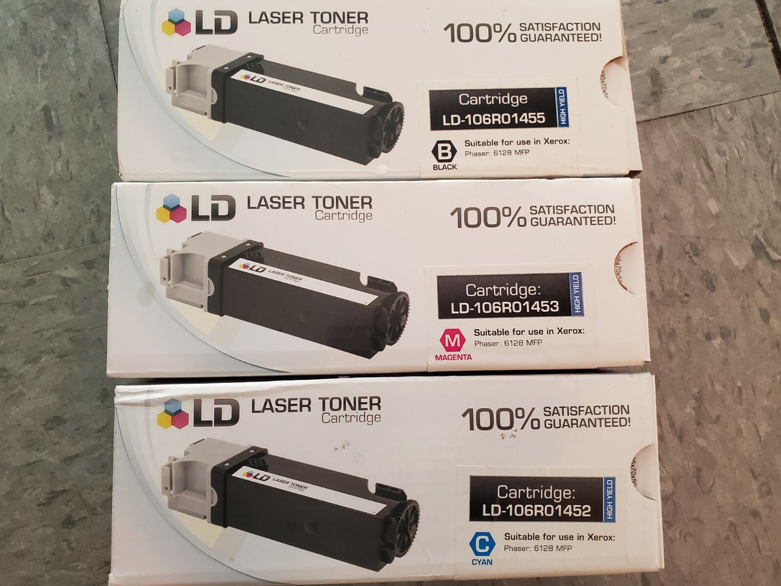 SET of (3) LD Comp Replacement Xerox 106R01452,53,55 Cyan magenta Black toner