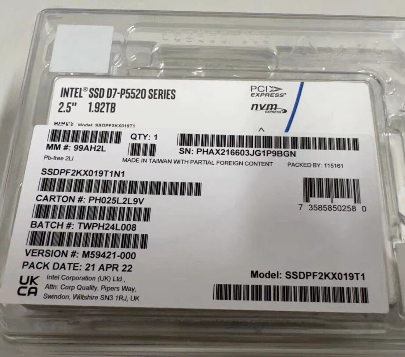 Intel 1.92TB SSD P5520 Series DC NVME U.2 2.5" Solid State Drive SSDPF2KX019T1N1