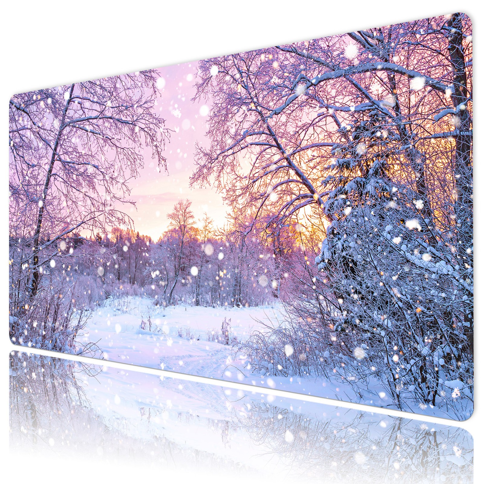 Snow Pine Tree Forest Winter Pink Desk Mat for Keyboard and Mouse Desk Pad