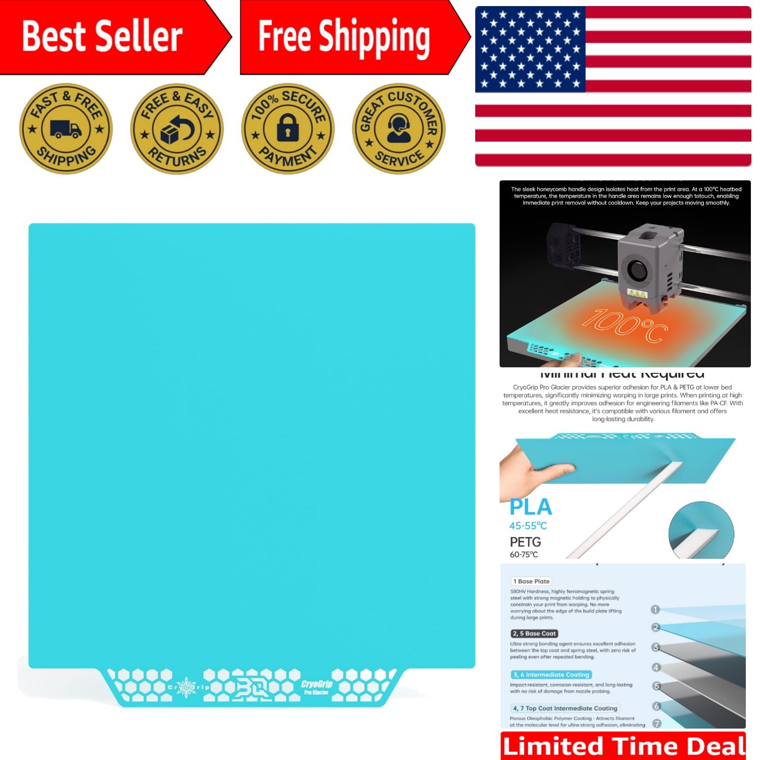 Revolutionary 235x235mm CryoGrip Pro Glacier Build Plate for  Printing