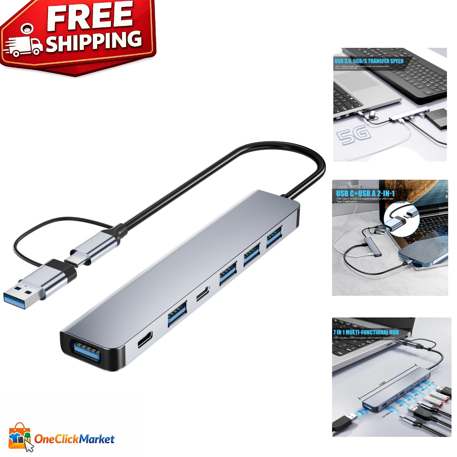 Versatile 7-Port USB C Hub for Fast Charging & Data Transfer - Compact Design
