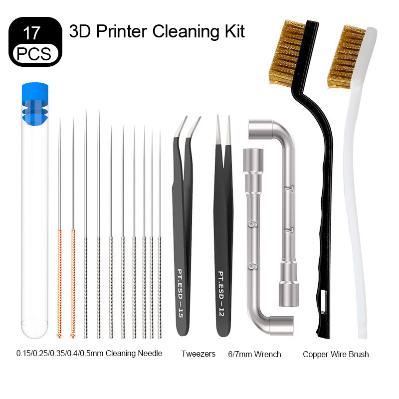 3D Printer Cleaning Kit Brush Tweezers 6/7mm Wrench Nozzle Cleaning Needle 17pcs