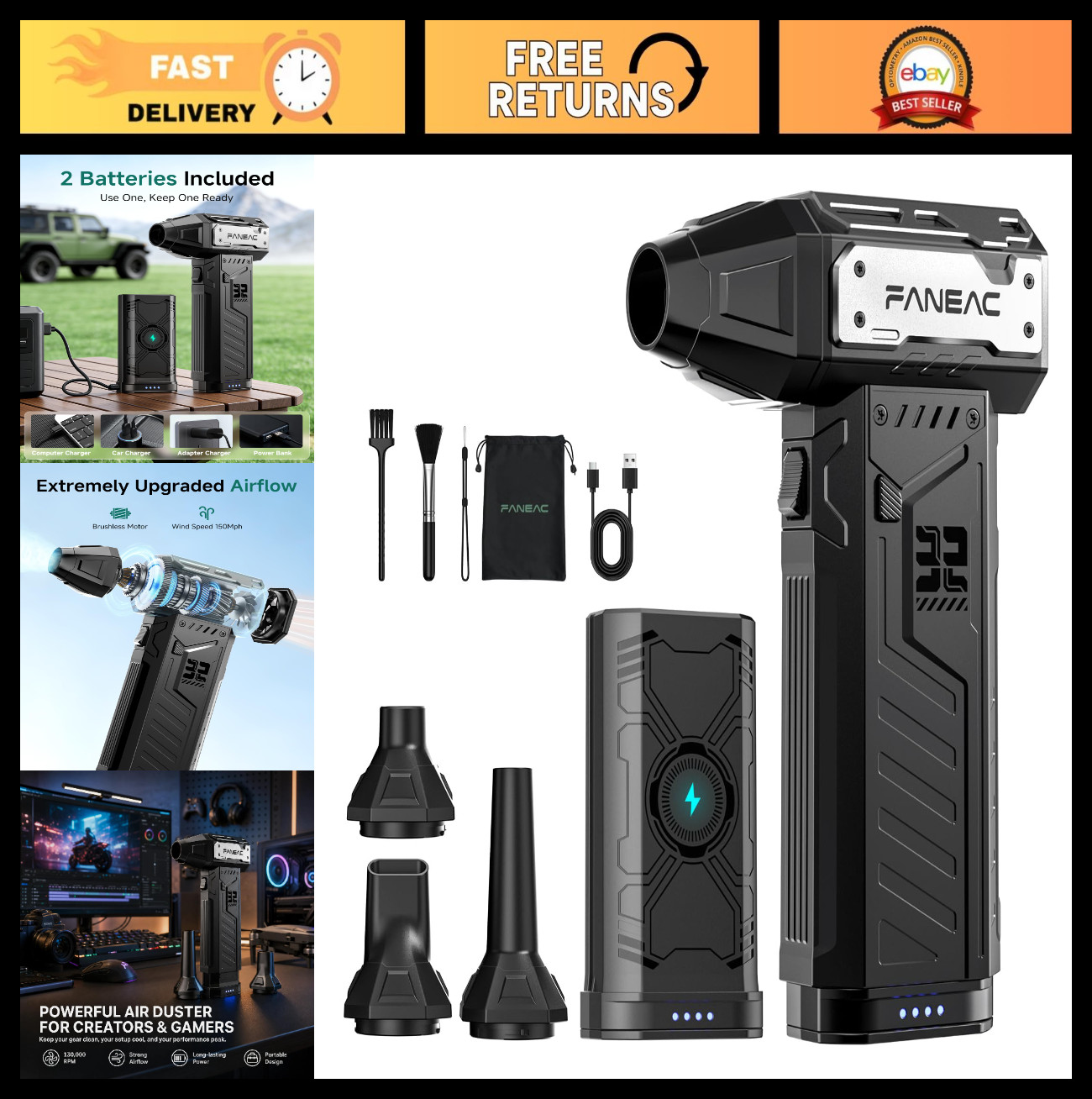 Powerful Electric Air Duster - 150,000 RPM, 3-Speed, 2 Battery Packs, Dust & Sno