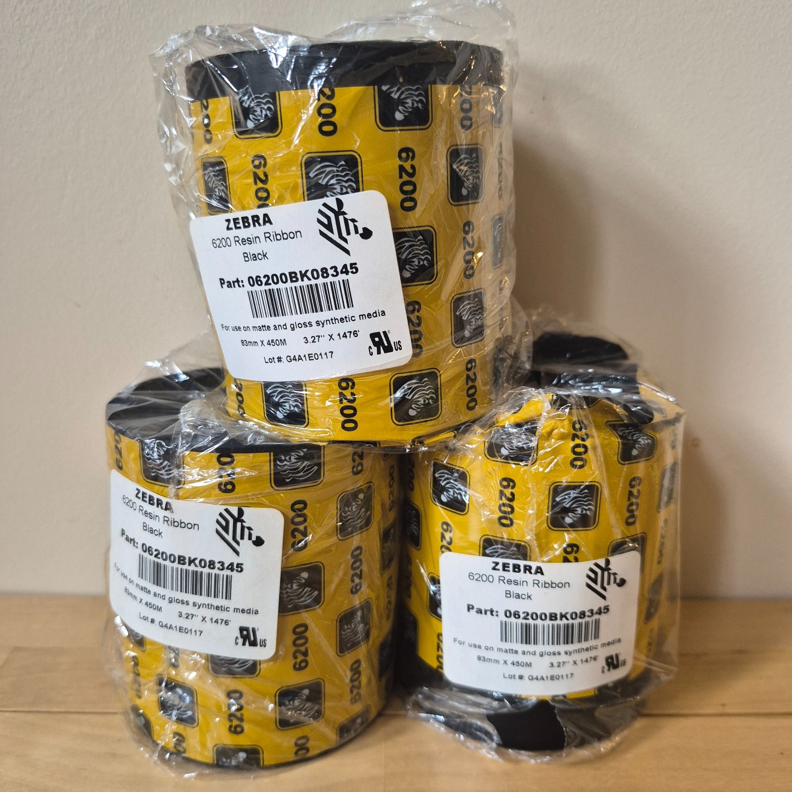 3 rolls Zebra 6200 Resin Ribbon Black Part Number 06200BK08345